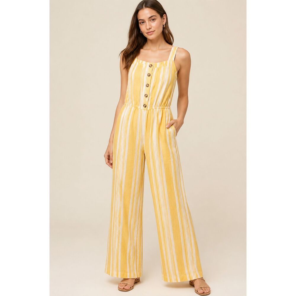 Jason Wu Women's XSP Yellow White Striped Linen Blend Wide Leg Jumpsuit Pockets